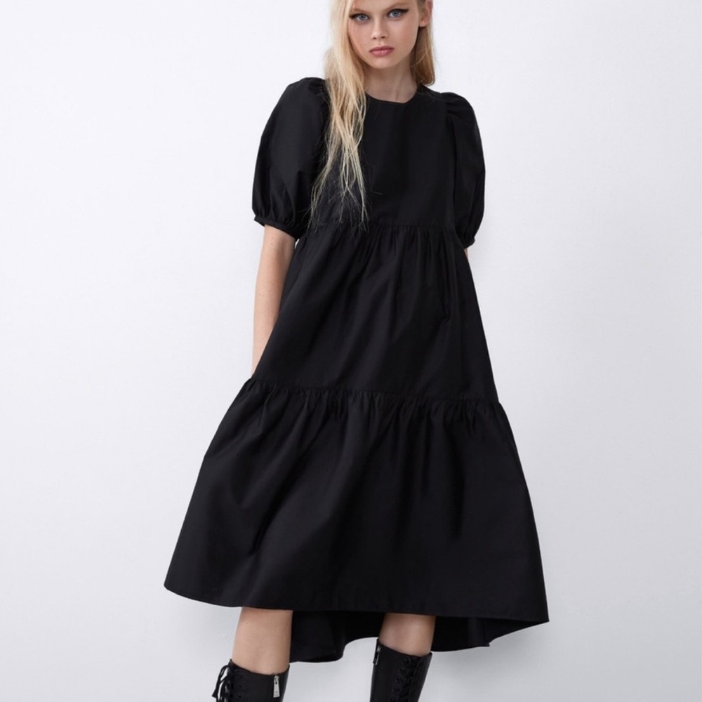 Asymmetrical Poplin Puff Sleeve Dress